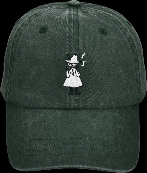 4. Close-up of green Moomin washed denim cap, highlighting embroidered character on front