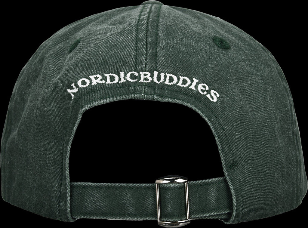 5. Back view of green Moomin cap showing NordicBuddies branding and adjustable strap