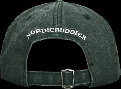 5. Back view of green Moomin cap showing NordicBuddies branding and adjustable strap