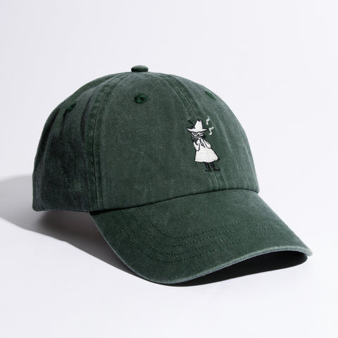 3. Green Moomin washed denim cap in studio, showcasing front embroidery and curved brim