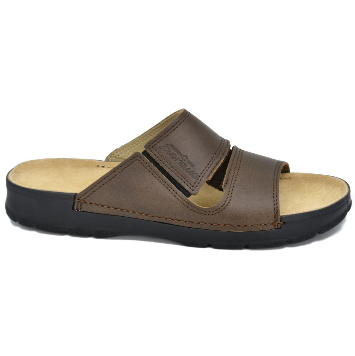 1. Omaking Miku Sandals in brown leather with slip-on design, shown in side view highlighting durable PU outsole