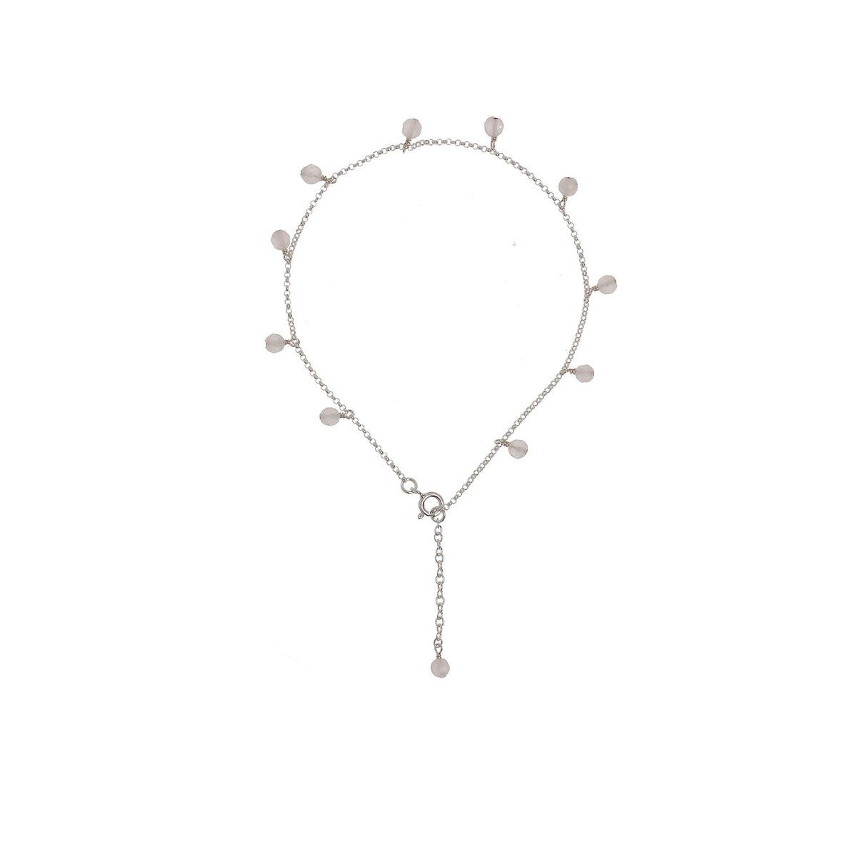 4. Studio image of New Vintage by Kriss Anklet Eat, Pray, Love in silver with rose quartz accents