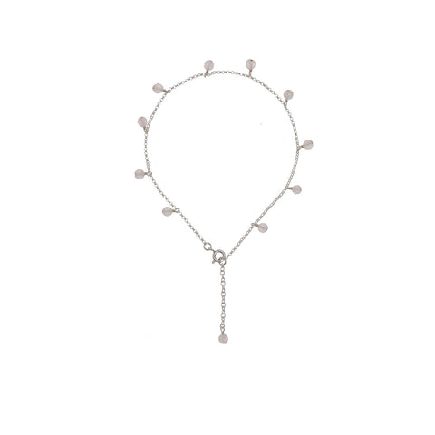4. Studio image of New Vintage by Kriss Anklet Eat, Pray, Love in silver with rose quartz accents