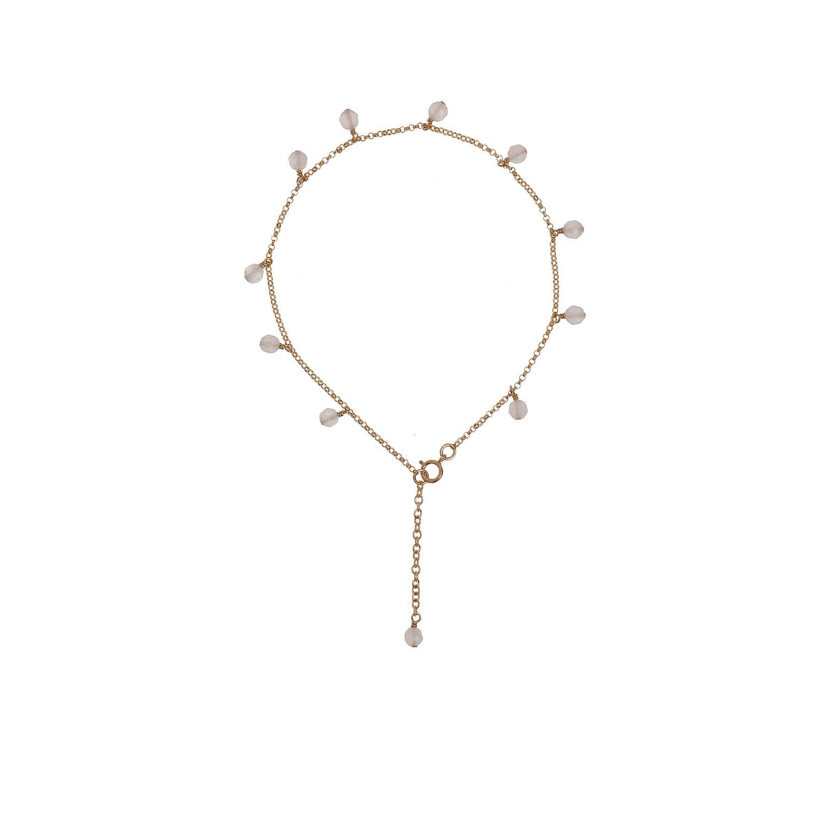 5. Studio image of New Vintage by Kriss Anklet Eat, Pray, Love in gold with pearl accents