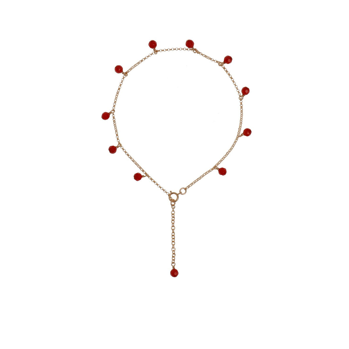 9. Studio image of New Vintage by Kriss Anklet Eat, Pray, Love in gold with coral accents
