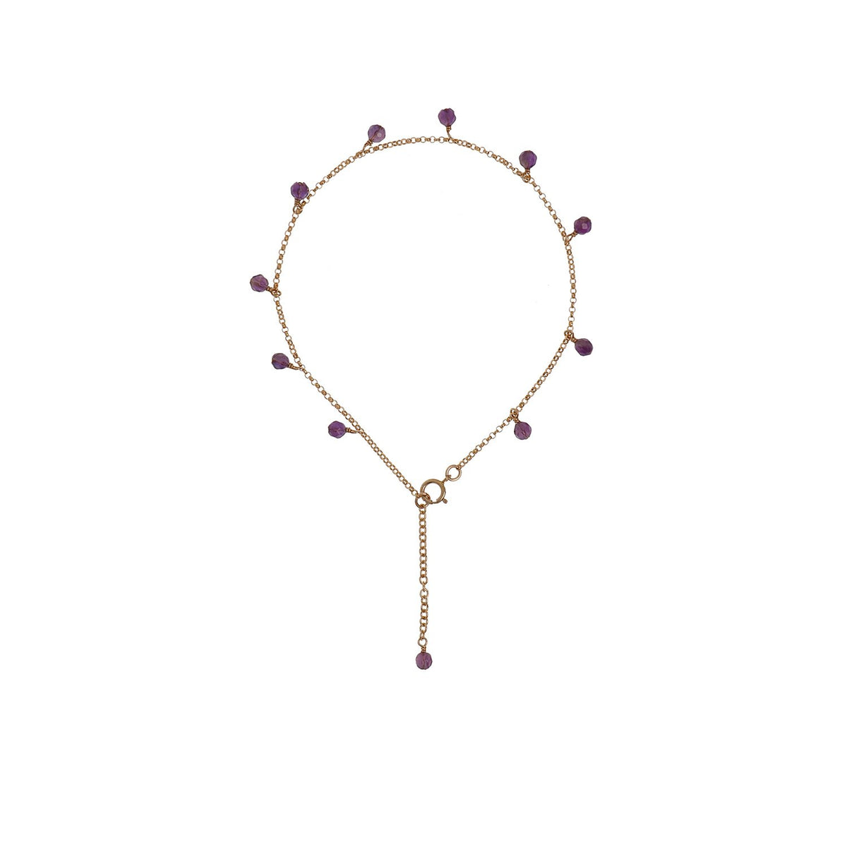 7. Studio image of New Vintage by Kriss Anklet Eat, Pray, Love in gold with amethyst accents