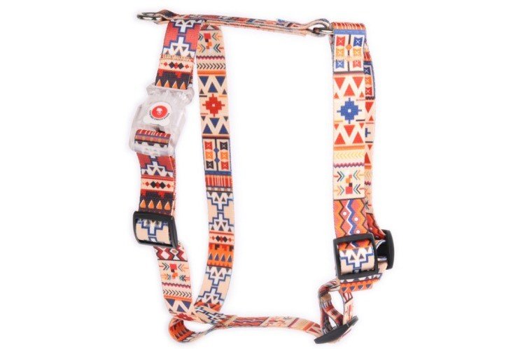 2. Studio shot of Matteo nylon dog harness in boho pattern with high-gloss nickel-plated handle and adjustable plastic buckles