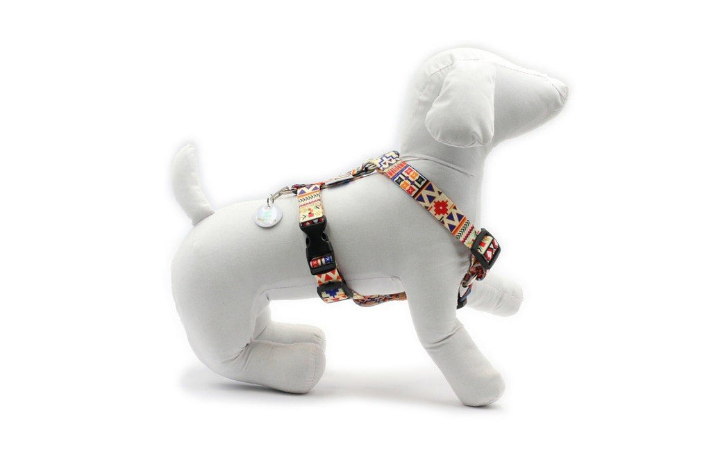 1. White mannequin dog wearing Matteo nylon dog harness in boho pattern, side view showing fit and design