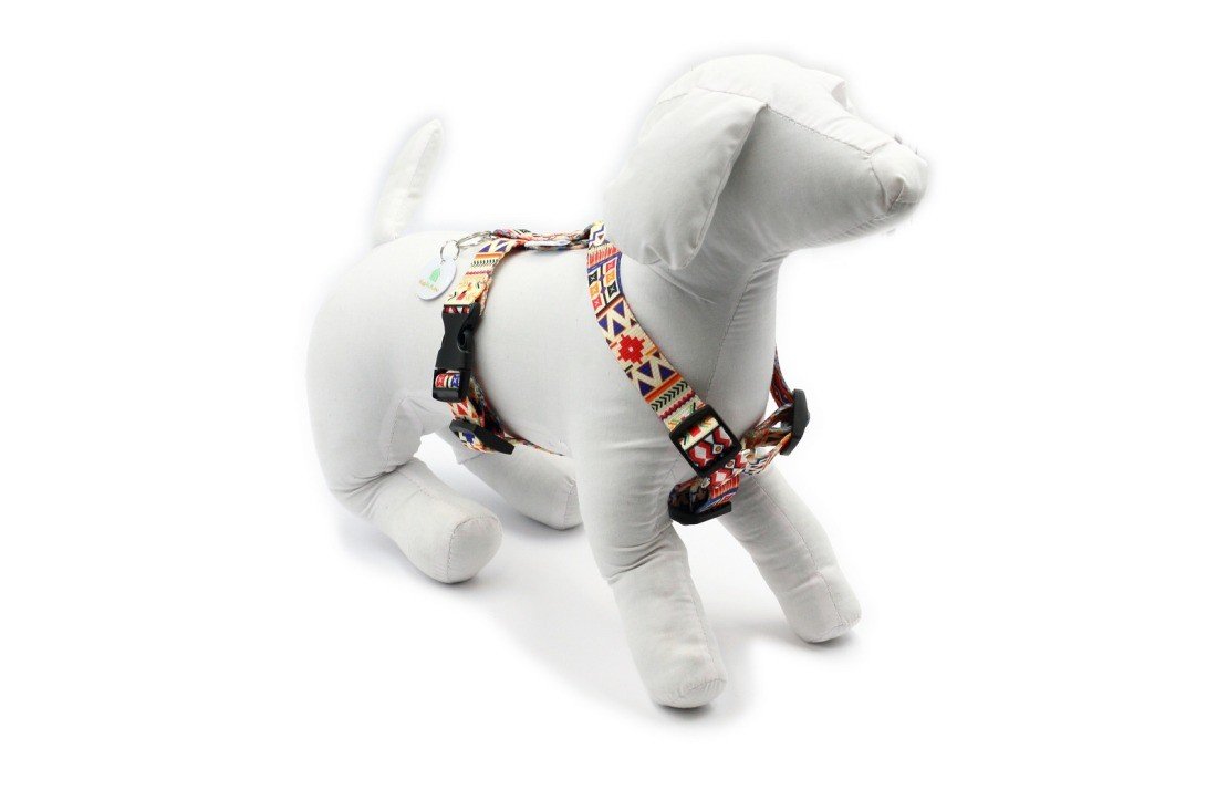 1. White mannequin dog wearing Matteo nylon dog harness in boho pattern, showcasing fit and design