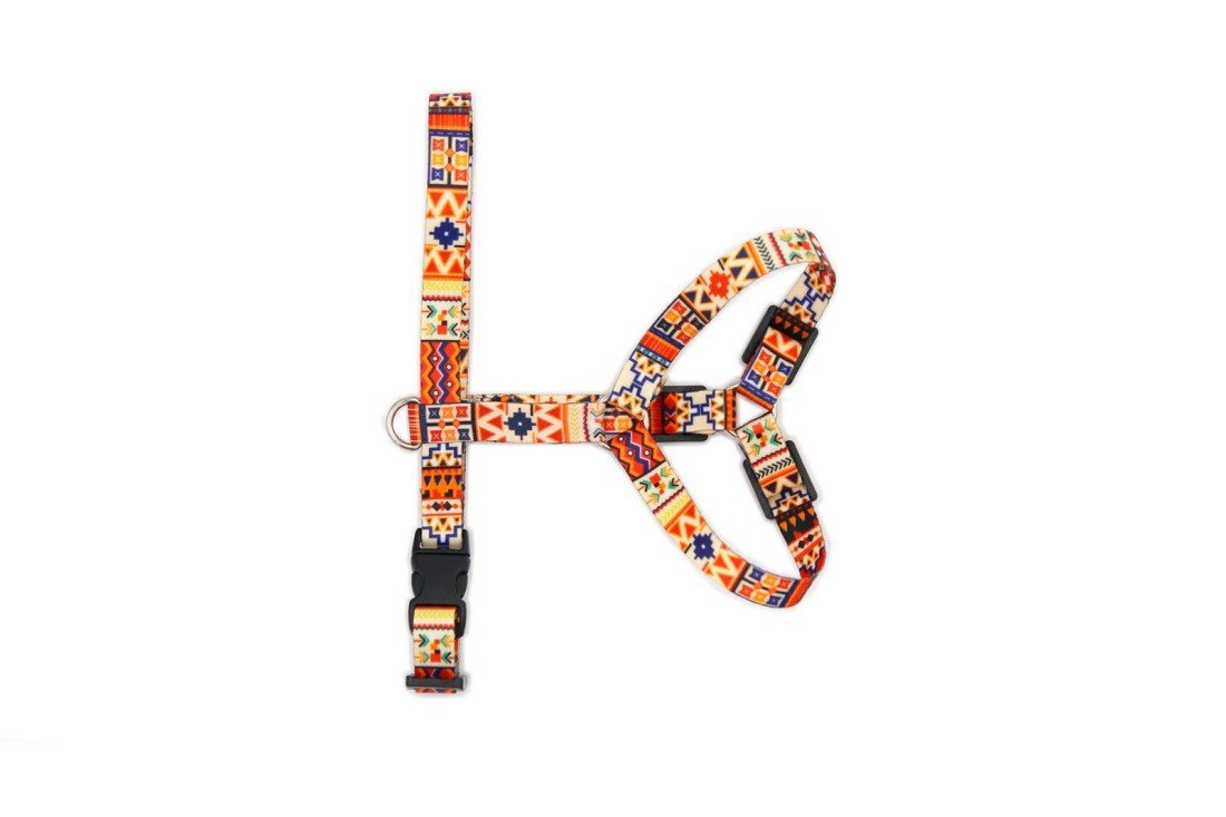 4. Flat lay of Matteo nylon dog harness in boho pattern showing design and adjustable features