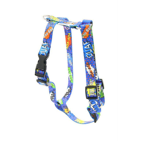1. Blue graffiti-patterned nylon pet harness with high-gloss nickel-plated handle and black plastic adjusters, shown in studio setting