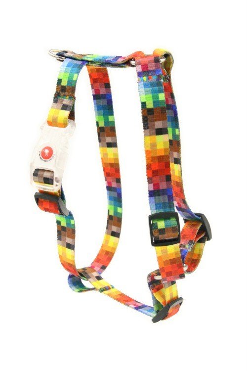 2. Close-up of Matteo nylon harness showing colorful pixel design and safety edge system