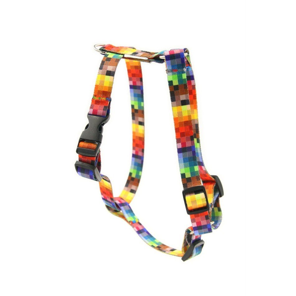 1. Studio shot of Matteo nylon harness with colorful pixel pattern, featuring nickel-plated handle and plastic adjusters