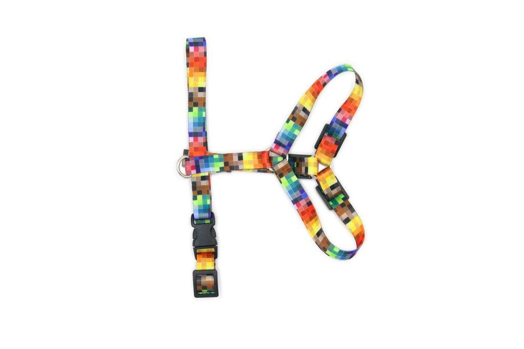 4. Flat lay of Matteo nylon harness with vibrant pixel design, showcasing adjustable straps