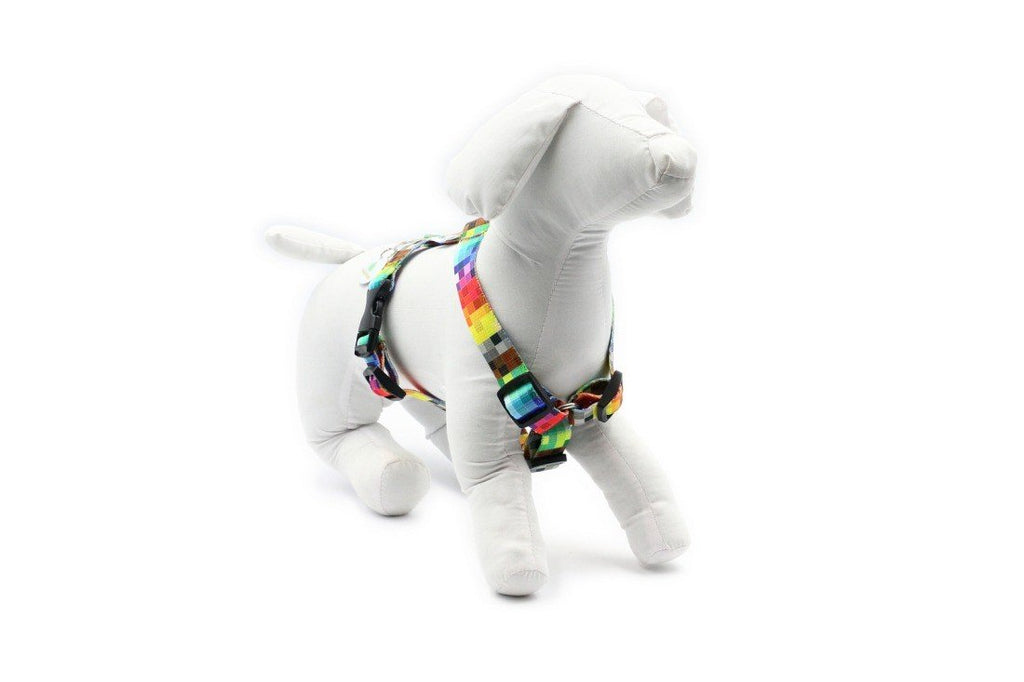 6. Front view of white mannequin dog wearing Matteo nylon harness with pixel design