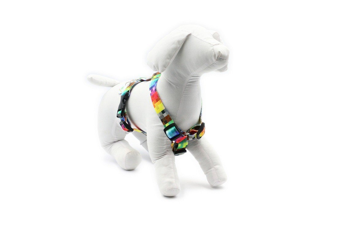 6. Front view of white mannequin dog wearing Matteo nylon harness with pixel design
