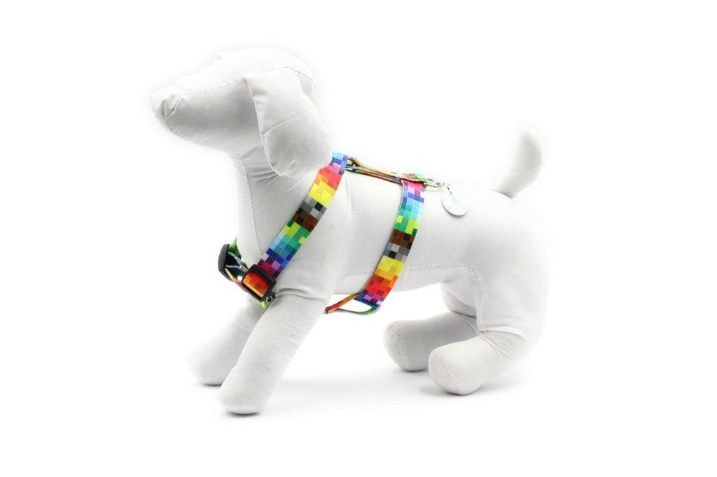 5. White mannequin dog wearing Matteo nylon harness with colorful pixel pattern, side view