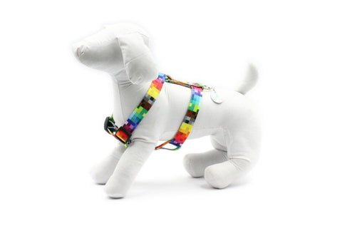 5. White mannequin dog wearing Matteo nylon harness with colorful pixel pattern, side view