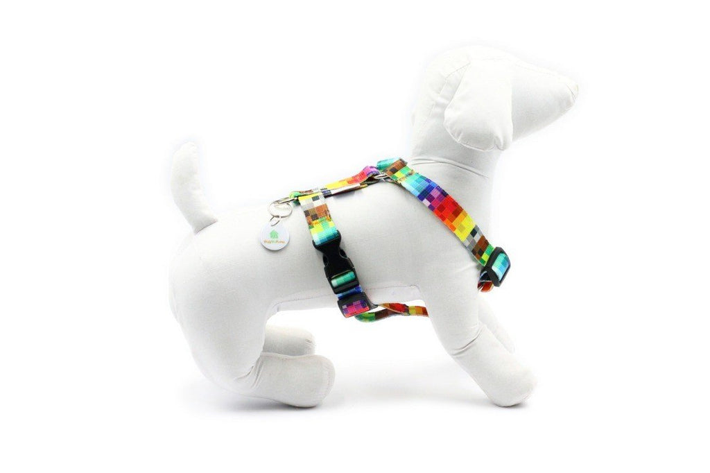 7. Side view of white mannequin dog with Matteo nylon harness, highlighting colorful pixel pattern