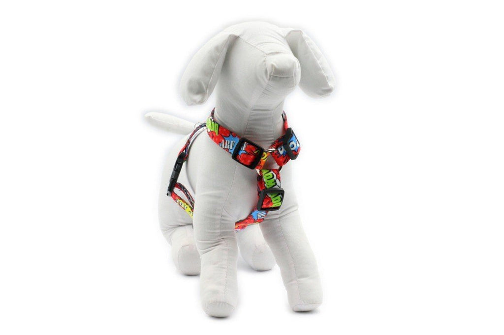 7. White mannequin dog wearing Matteo red graffiti nylon harness from front