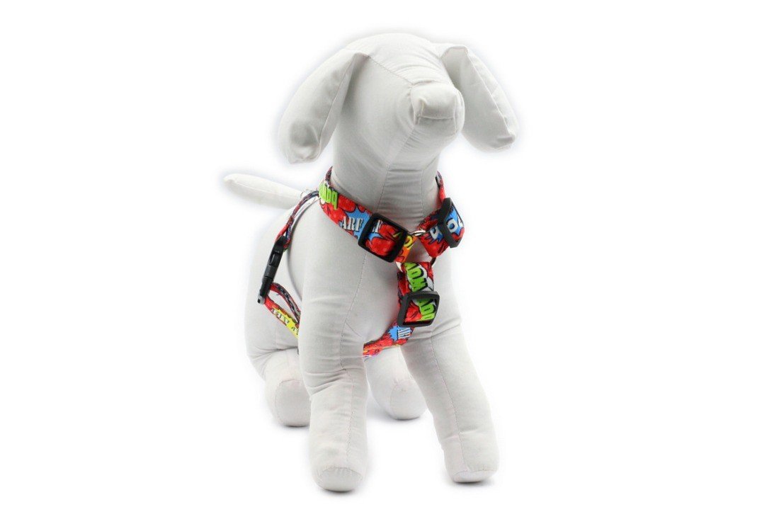 7. White mannequin dog wearing Matteo red graffiti nylon harness from front