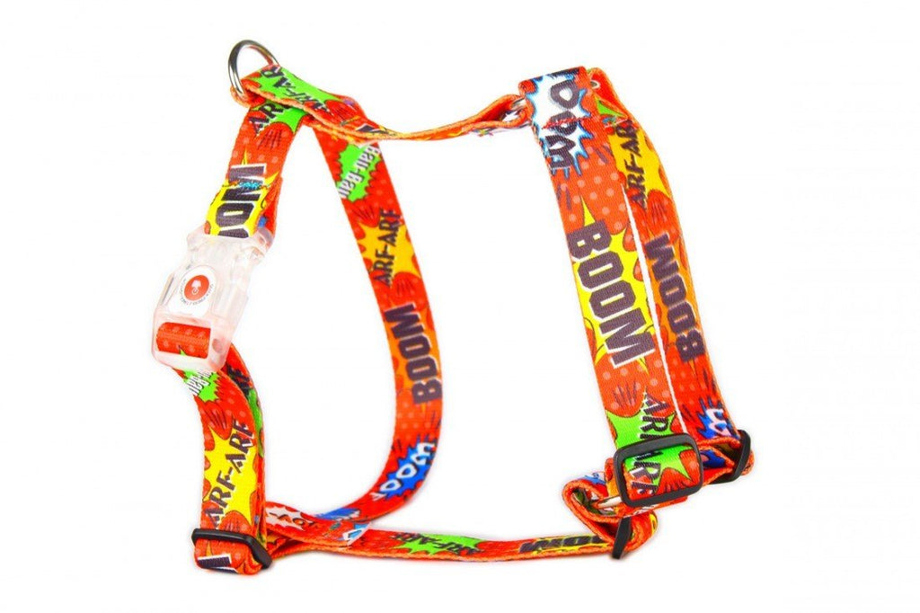 6. Detail of Matteo red graffiti nylon harness with bold comic-style print