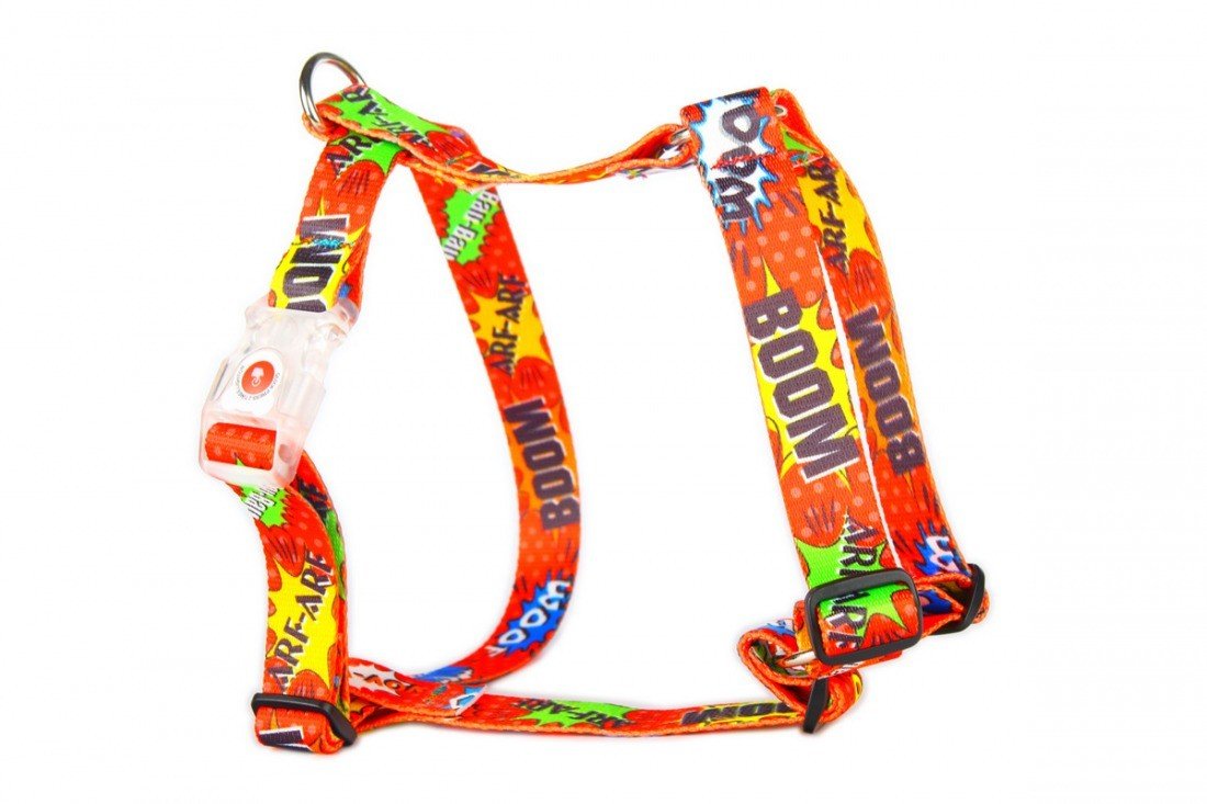6. Detail of Matteo red graffiti nylon harness with bold comic-style print