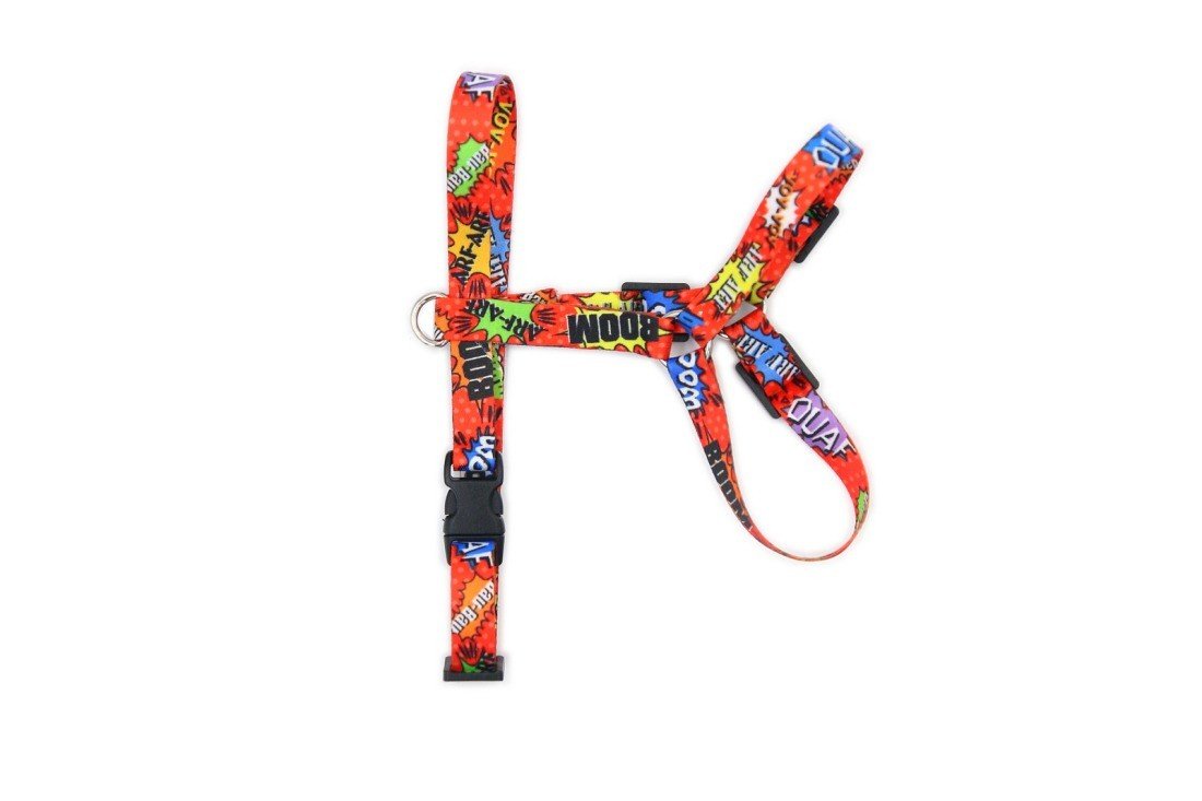 2. Matteo red graffiti nylon harness with black plastic adjusters on white background