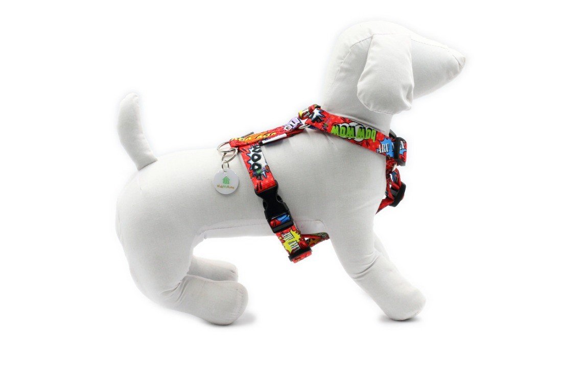 8. Side view of white mannequin dog wearing Matteo red graffiti nylon harness