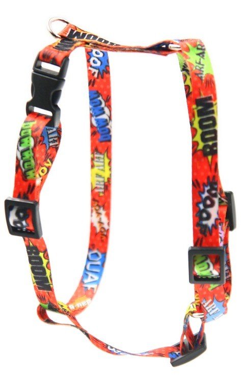3. Close-up of Matteo red graffiti nylon harness showing colorful print and plastic buckles