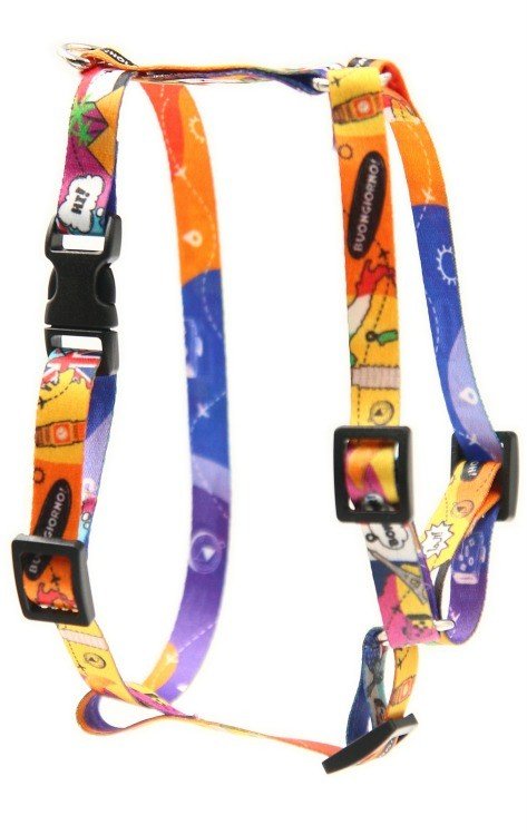 2. Colorful Matteo nylon harness with vibrant patterns and plastic buckles on white background