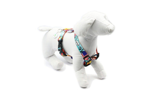 2. Colorful Matteo nylon harness on white dog mannequin in studio setting