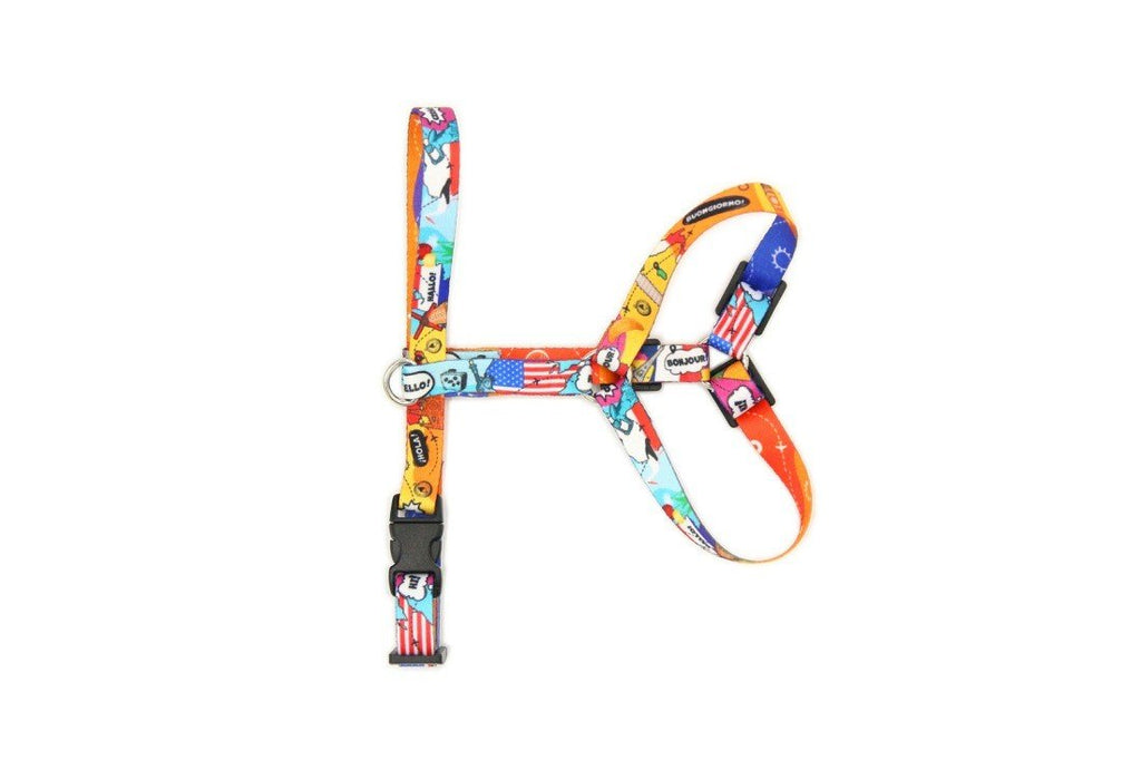 4. Flat lay of colorful Matteo nylon harness with adjustable straps and vibrant design