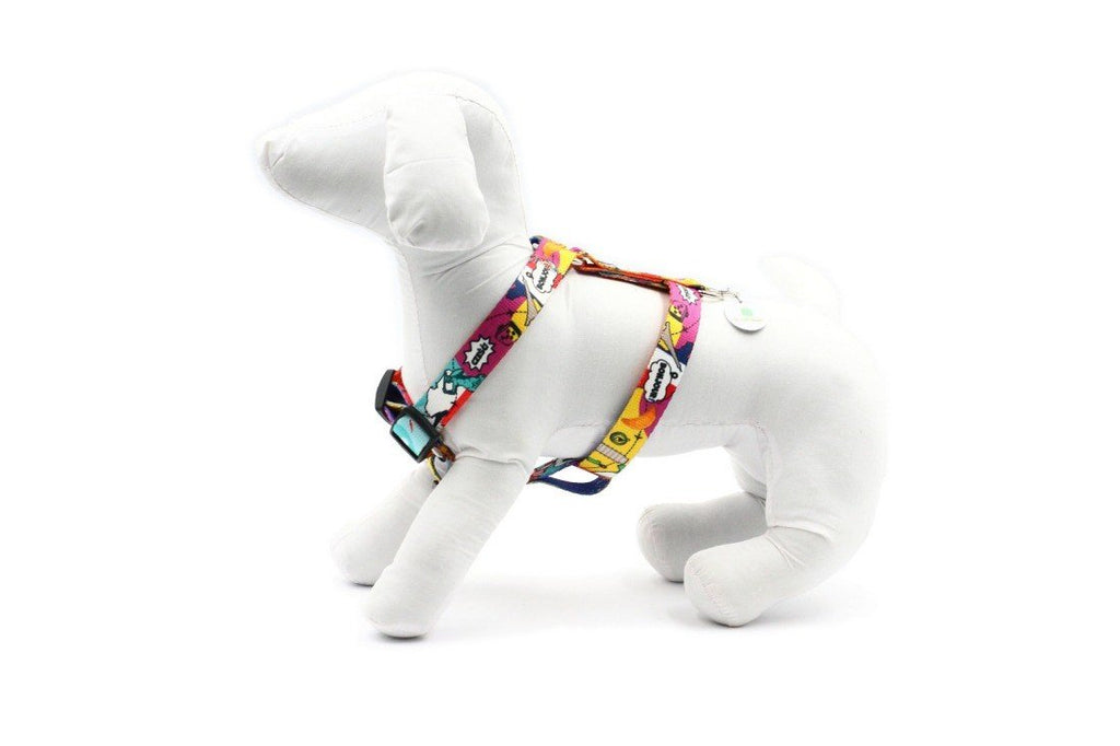 2. Colorful Matteo nylon harness on white dog mannequin shown from side in studio
