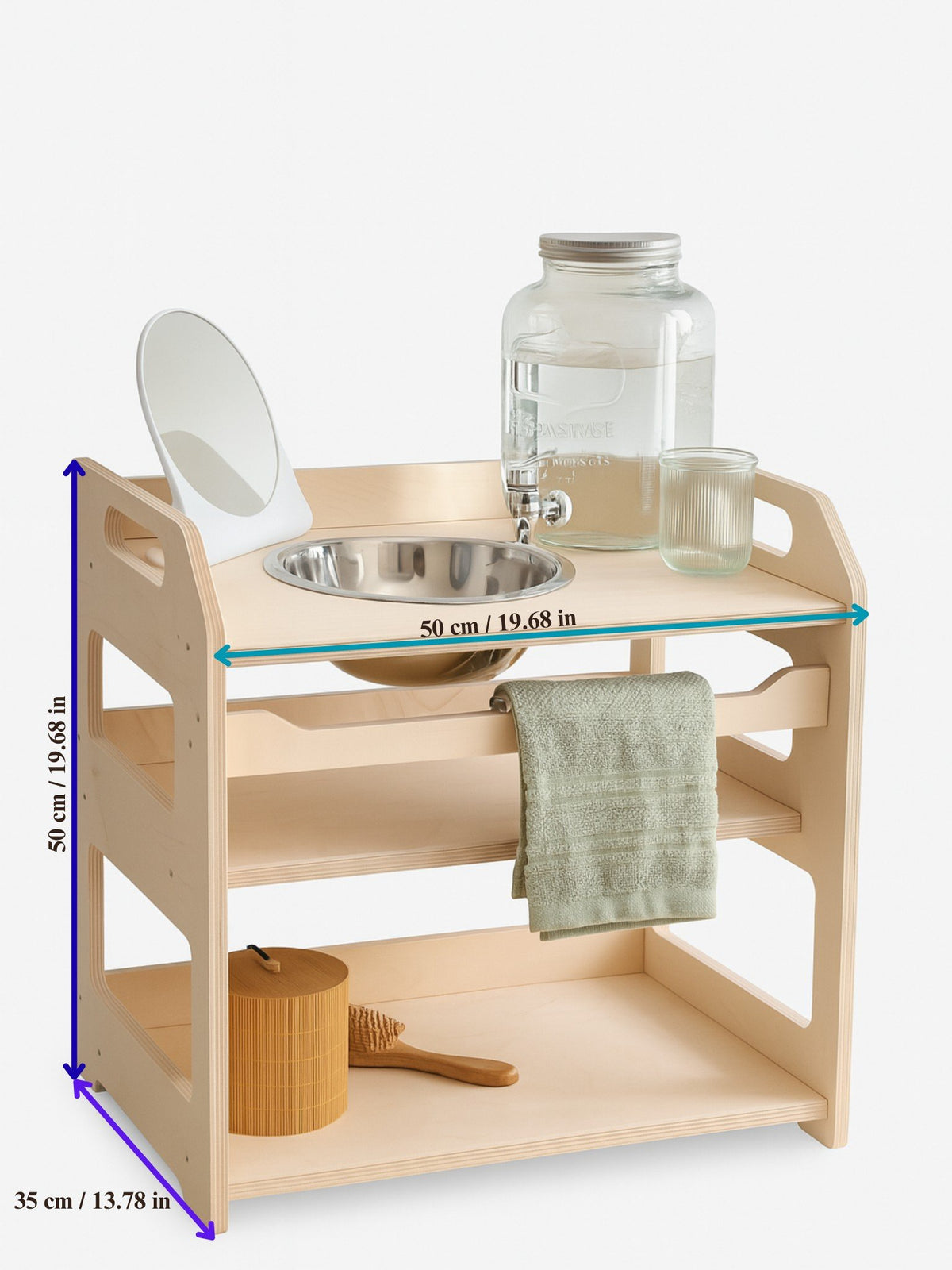 4. Size chart for Montessori washbasin showing dimensions in centimeters and inches