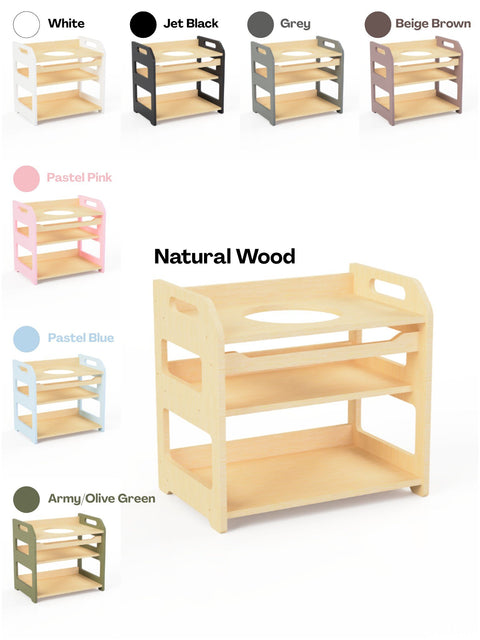 5. Color options for Montessori washbasin including natural wood, white, black, grey, beige, pink, blue, and green