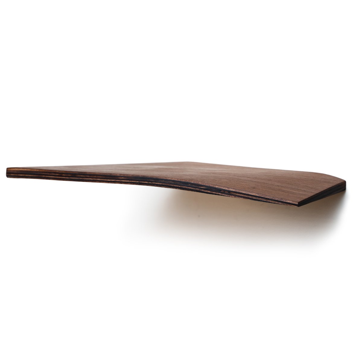 5. Flat lay of oak wood corner shelf on white background, showing curved edge and minimalist design