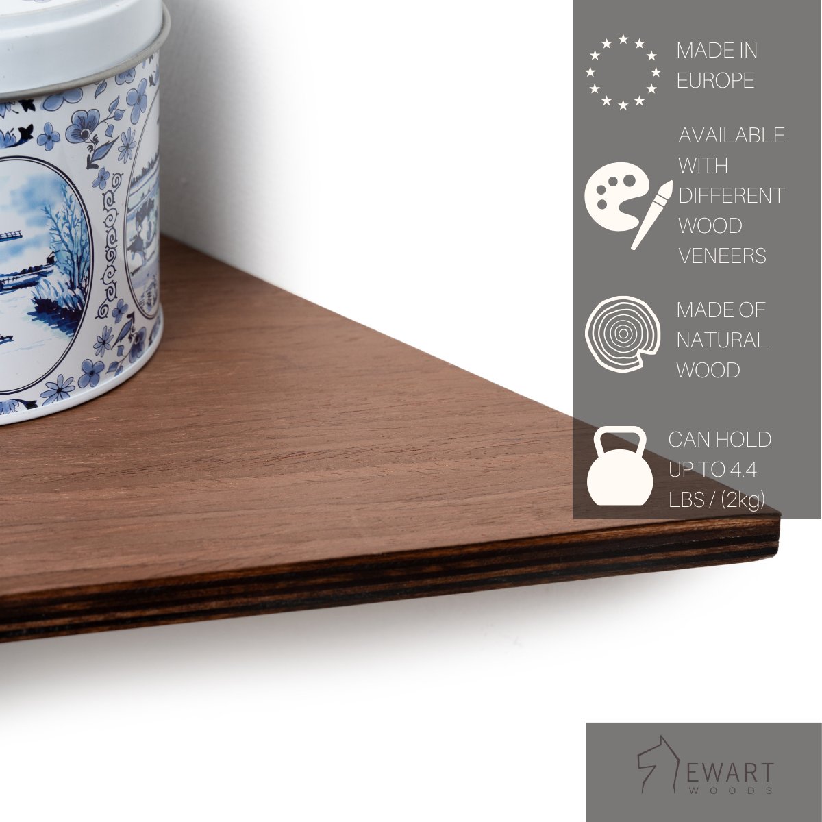 2. Close-up of wooden corner shelf with decorative tin, highlighting hidden mounting system and Ewart Woods branding