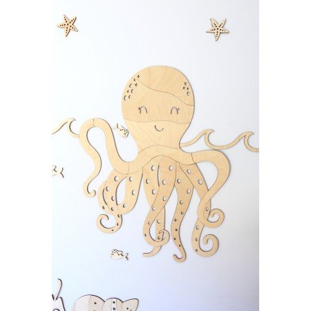 1. Wooden octopus wall decoration with starfish and fish accents on a white wall, part of an ocean-themed decor set