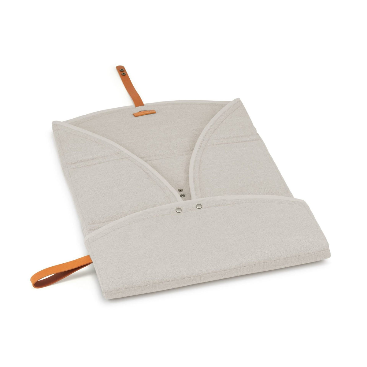 4. Beige Okka travel mat partially opened showing interior design and brown leather strap
