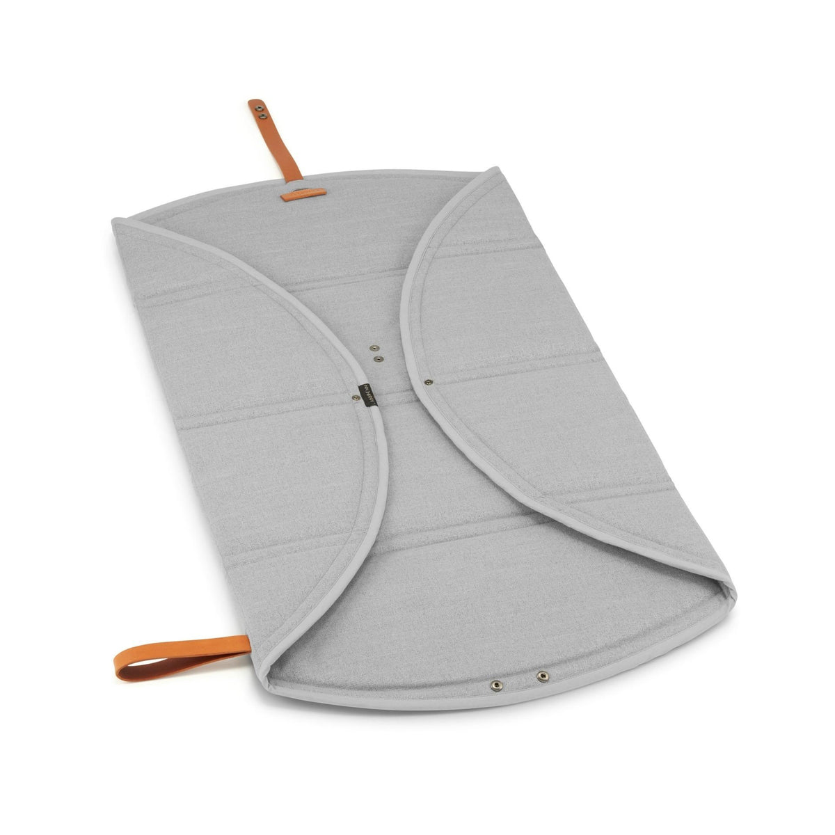 3. Grey Okka travel mat half-opened with visible stitching and brown leather accents