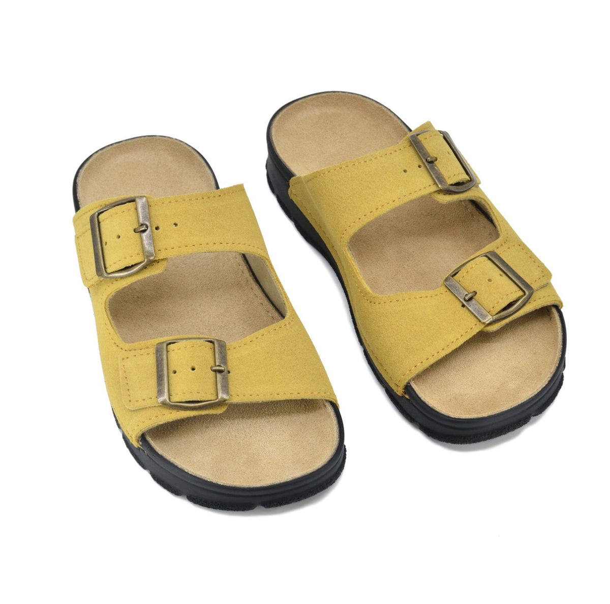 1. Omaking Meeliku Sandals in yellow leather with adjustable buckle straps, shown in studio setting