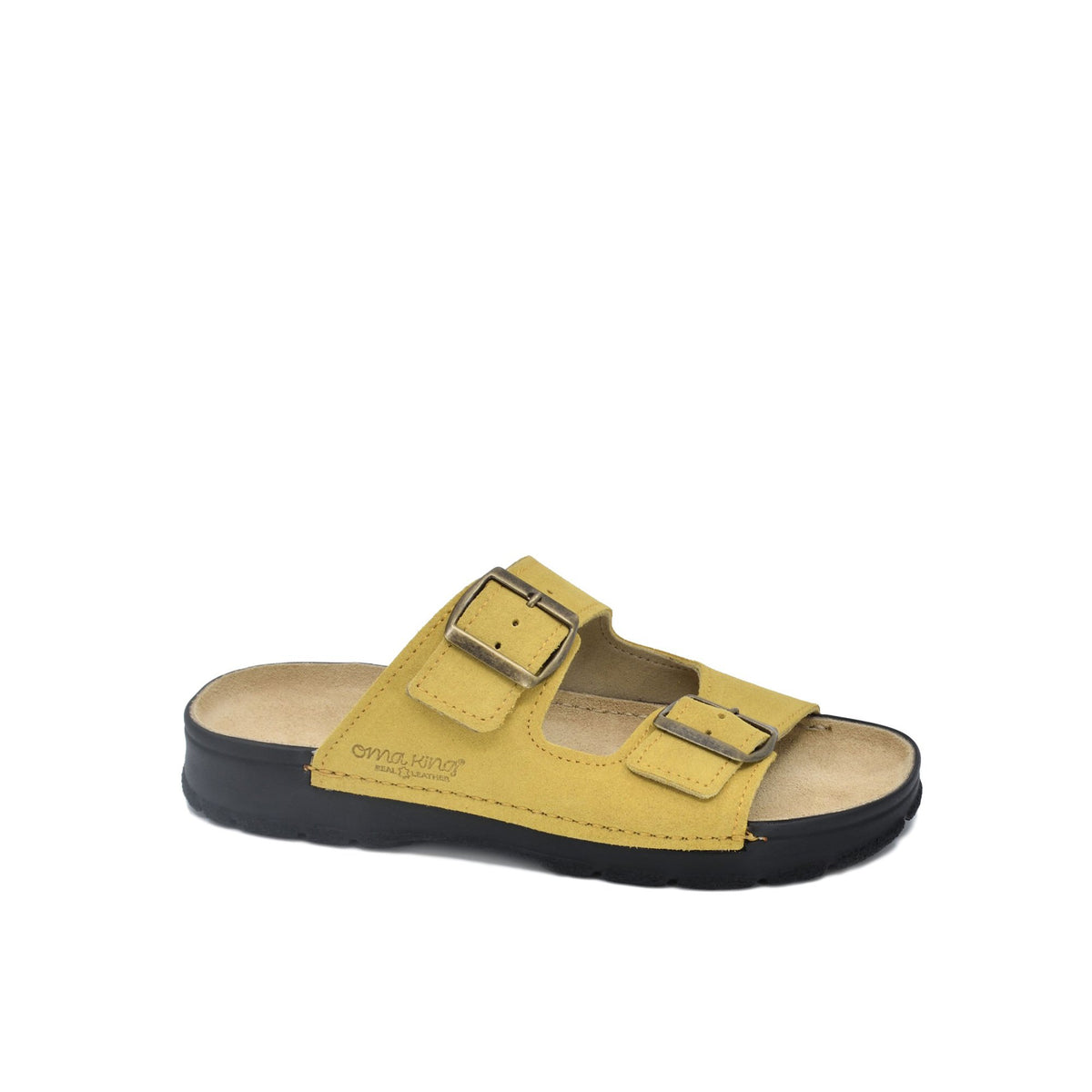 2. Side view of Omaking Meeliku Sandals in yellow leather, featuring adjustable buckle straps and black PU outsole