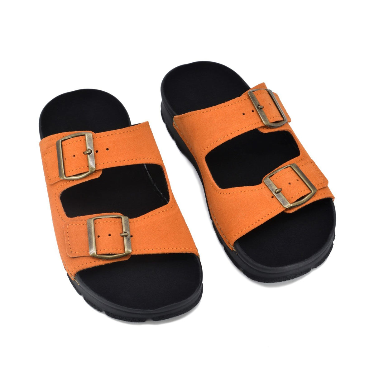 2. Top view of Omaking Meeliku Sandals in orange leather, featuring dual adjustable buckle straps and black insole
