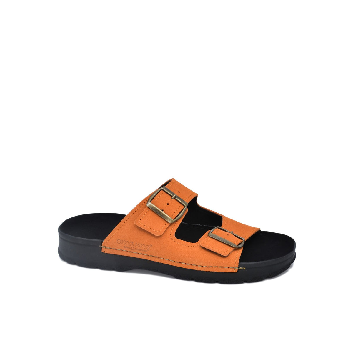 1. Studio shot of Omaking Meeliku Sandals in orange leather with adjustable buckle straps and black PU outsole
