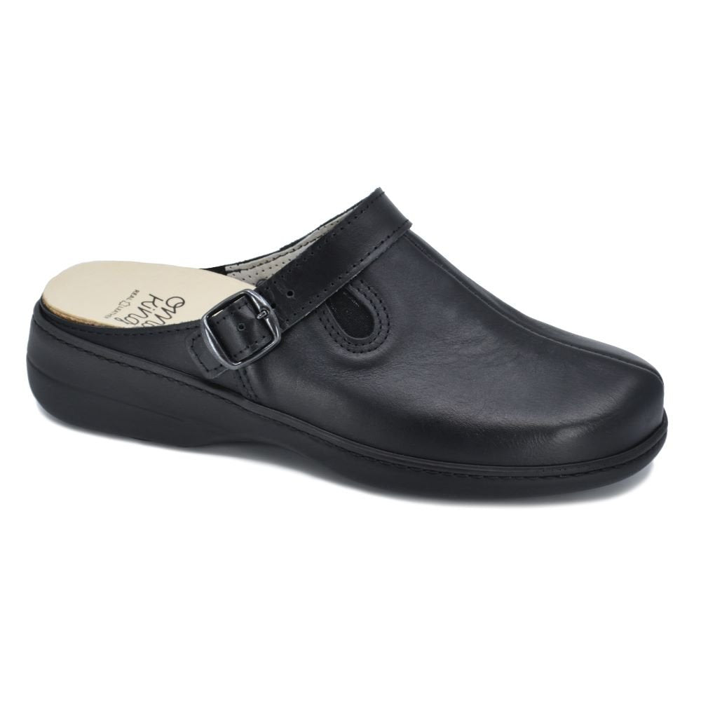 1. Omaking Loosu closed toe leather sandals in black, featuring adjustable strap and slip-on design, shown in studio setting