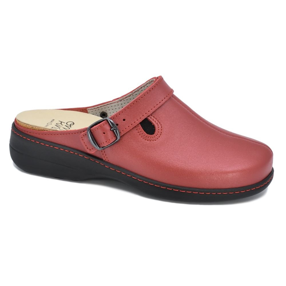 2. Side view of Omaking Loosu red leather sandals featuring adjustable strap and durable outsole, displayed in studio