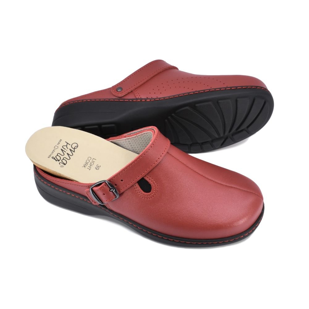 1. Omaking Loosu red closed toe leather sandals with slip-on design and perforated forefoot, shown in studio setting