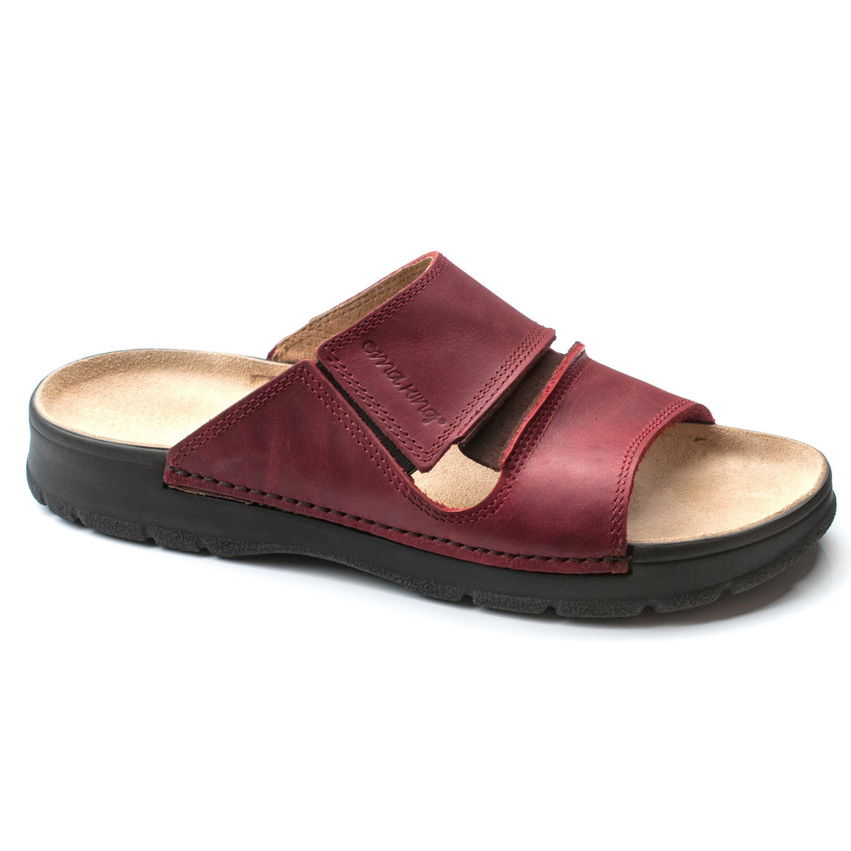 1. Omaking Miku Sandals in Bordeaux, featuring natural leather upper and supportive PU outsole, shown in studio setting