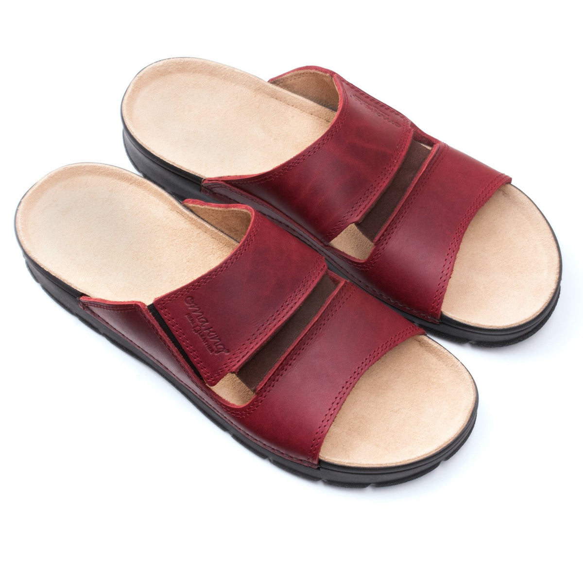 2. Pair of Omaking Miku Sandals in Bordeaux, highlighting minimal design and microfiber lining, displayed in studio